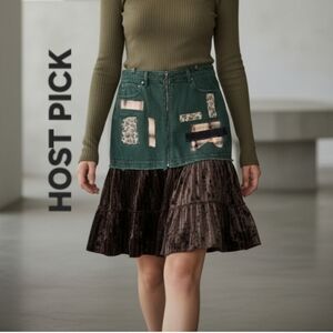 Upcycled We The Free Green Patchwork Skirt with Velvet Hem Size 10/12
